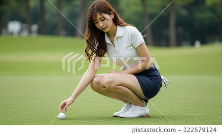 Serious woman in golf wear setting a ball Serious woman in golf wear setting a ball 122679124