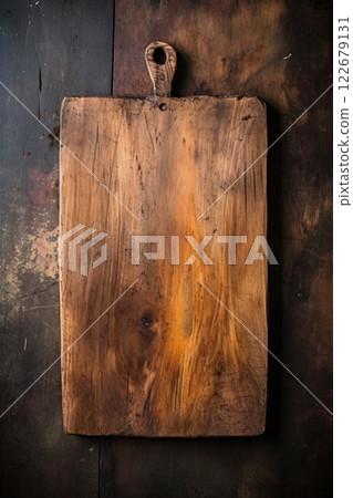 Vintage cutting board. Top view, flatlay. Empty space to add desig. Ai Generative 122679131