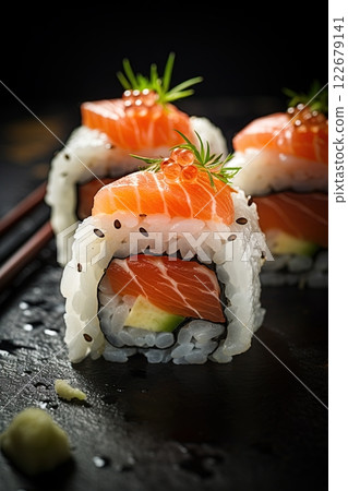Sushi with salmon meat in the restaurant. Ai Generative 122679141