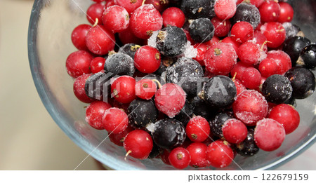 Defrosted Berries Stock Photo. Frost On A Frozen Black And Red Currants In A Glass Bowl  122679159