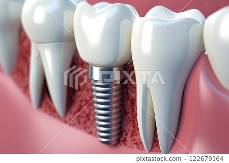 Dental implant. Artificial teeth, stomatology and prosthetics concept. Generative Ai Dental implant. Artificial teeth, stomatology and prosthetics concept. Generative Ai 122679164