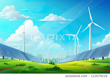 Wind turbines and solar panels. Sustainable , renewable energy. Ai Generative 122679228