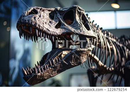 T Rex skeleton in a museum. Tyrannosaurus dinosaur exibited. Generative Ai 122679254