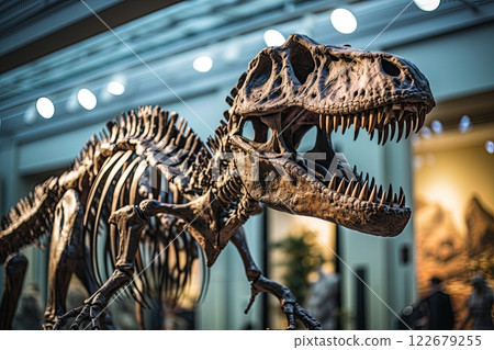 T Rex skeleton in a museum. Tyrannosaurus dinosaur exibited. Generative Ai 122679255