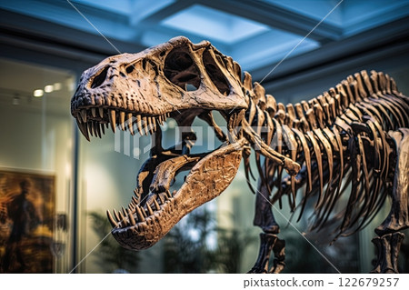 T Rex skeleton in a museum. Tyrannosaurus dinosaur exibited. Generative Ai 122679257