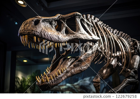 T Rex skeleton in a museum. Tyrannosaurus dinosaur exibited. Generative Ai 122679258