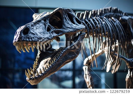 T Rex skeleton in a museum. Tyrannosaurus dinosaur exibited. Generative Ai 122679259