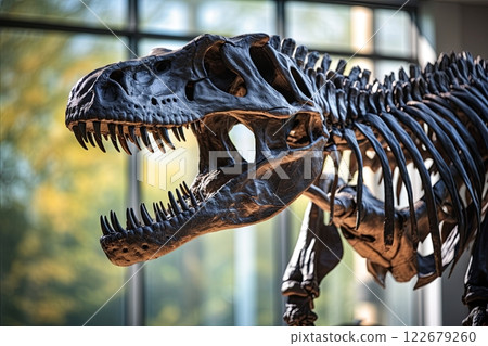T Rex skeleton in a museum. Tyrannosaurus dinosaur exibited. Generative Ai 122679260