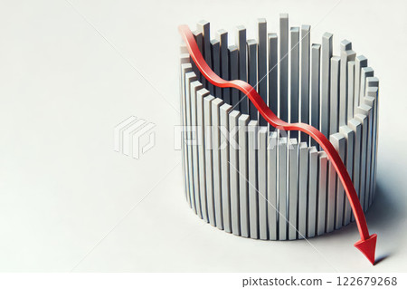 A red down arrow on the background of a column chart. Space for text. A red down arrow on the background of a column chart. Space for text. 122679268