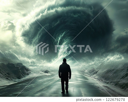 Approaching Storm A Figure Stands Boldly Against Natures Overwhelming Fury and Power 122679278