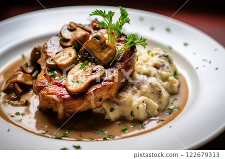 Pork chops with mushroom creamy sauce, gravy. Ai Generative 122679313