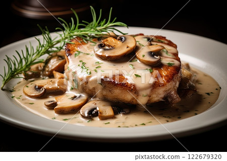 Pork chops with mushroom creamy sauce, gravy. Ai Generative 122679320