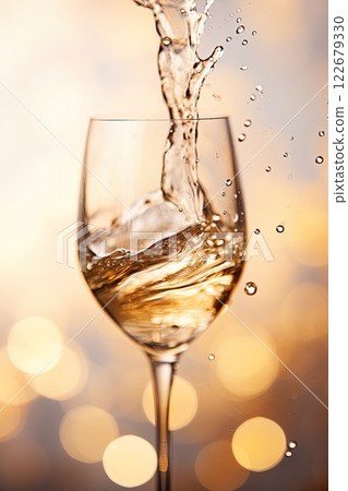 Champagne splash in glass. Festive bokeh glittering golden background. Generative Ai 122679330