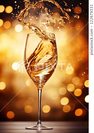 Champagne splash in glass. Festive bokeh glittering golden background. Generative Ai 122679331