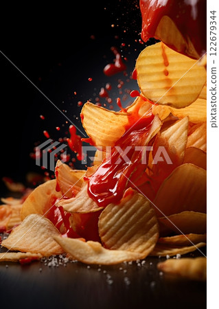 Potato chips falling and ketchu splashing. Generative Ai 122679344