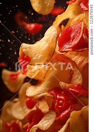 Potato chips falling and ketchu splashing. Generative Ai 122679345