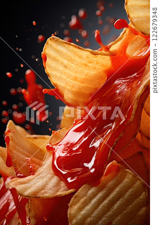 Potato chips falling and ketchu splashing. Generative Ai 122679348