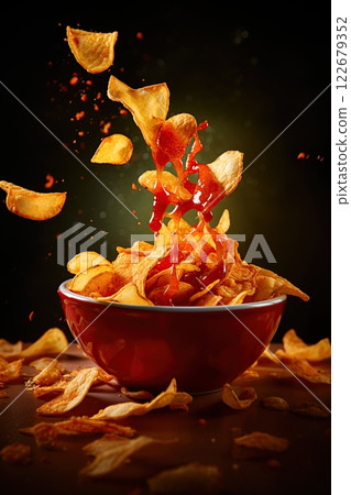 Potato chips falling in to a bowl full of chips and ketchup. Ai generative 122679352