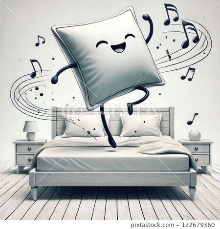 Pillow dancing on the bed. 122679360