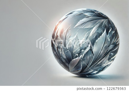 An ice round crystal with carved leaves. Space for text. 122679363