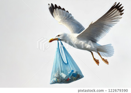 A seagull with a garbage bag. Space for text. A seagull with a garbage bag. Space for text. 122679390