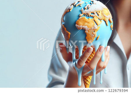 A melted globe on a waffle cone. Space for text. 122679394