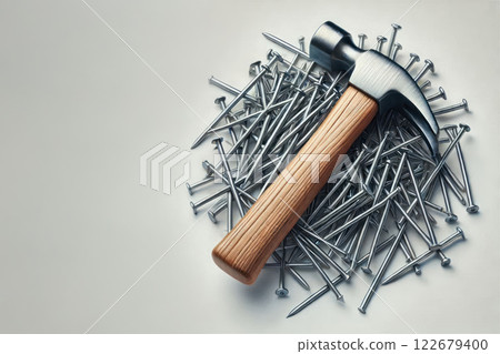 A hammer on a pile of nails. Space for text. 122679400