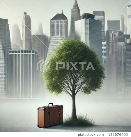 A suitcase under a tree with the city in the background. 122679403