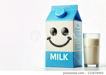 Milk in a box with a smile. Space for text. 122679405