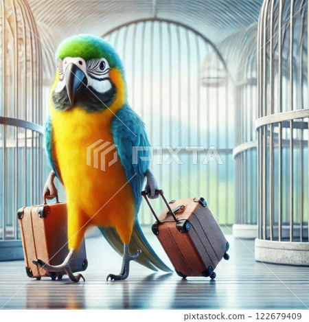 A parrot with suitcases against the background of cages. A parrot with suitcases against the background of cages. 122679409