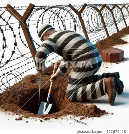 A prisoner digs a tunnel under barbed wire. A prisoner digs a tunnel under barbed wire. 122679418