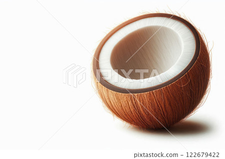 Cut coconut on a light background. Space for text. 122679422