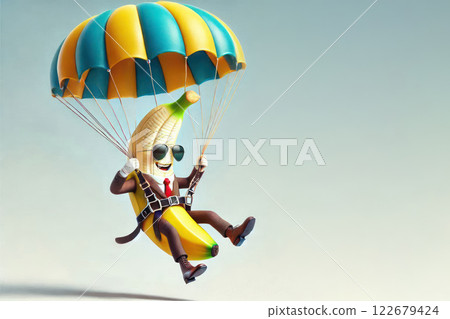 Banana with a parachute in sunglasses and a suit. Space for text. Banana with a parachute in sunglasses and a suit. Space for text. 122679424