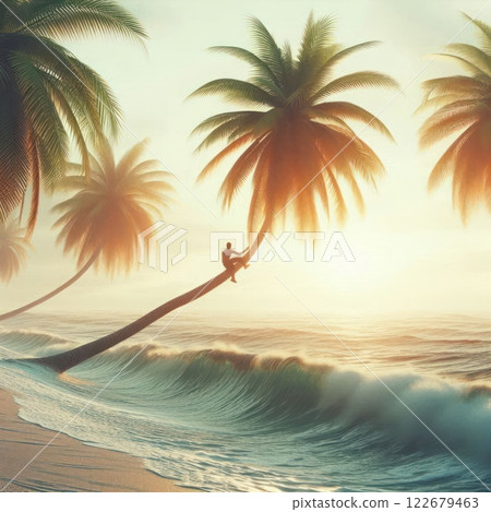 Man on a palm tree above the ocean waves at sunset. 122679463