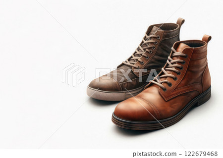 Two leather boots: classic and casual. Space for text. Two leather boots: classic and casual. Space for text. 122679468