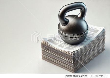 A black weight on a stack of papers. Space for text. A black weight on a stack of papers. Space for text. 122679490