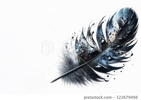 A feather stained with black oil. Space for text. A feather stained with black oil. Space for text. 122679498