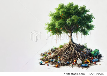 A tree with debris around its roots. Space for text. A tree with debris around its roots. Space for text. 122679502