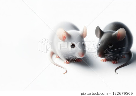 White and black mice on a light background. Space for text. 122679509