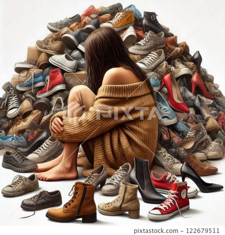 The girl sits by the pile of shoes in thought. 122679511