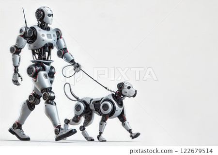 Robot with dog on leash on light background. Space for text. Robot with dog on leash on light background. Space for text. 122679514