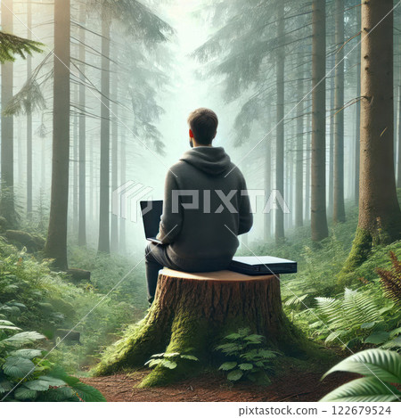 A man with a laptop is sitting in the forest on a stump. 122679524