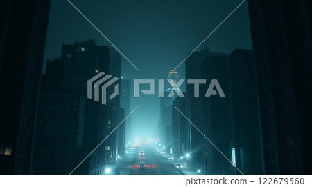 Fog occupying city street at night with illuminated skyscraper in background 122679560