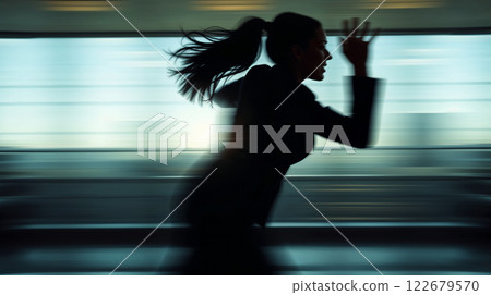 Businesswoman running fast in modern building interior 122679570