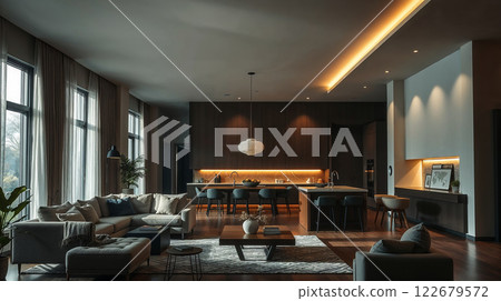 Modern open plan living room and kitchen showing stylish interior design 122679572