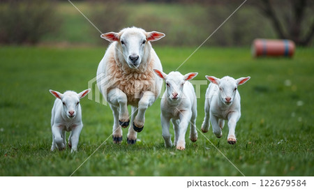 Ewe running on grass with three lambs 122679584
