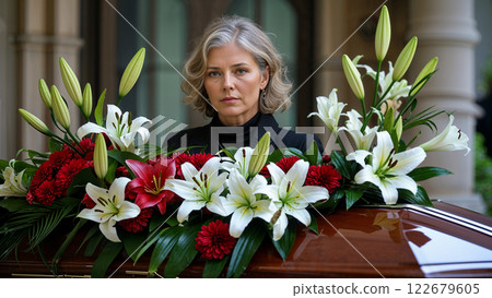 Grieving woman standing by coffin with red and white lilies 122679605