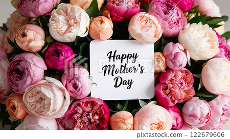 Happy mother's day greeting card surrounded by beautiful peony flowers 122679606