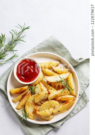 Baked potato wedges with spices, fresh rosemary and tomato sauce on a plate on a light background 122679617