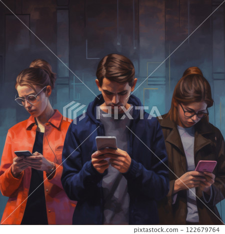Young people, teens looking at their smartphones 122679764